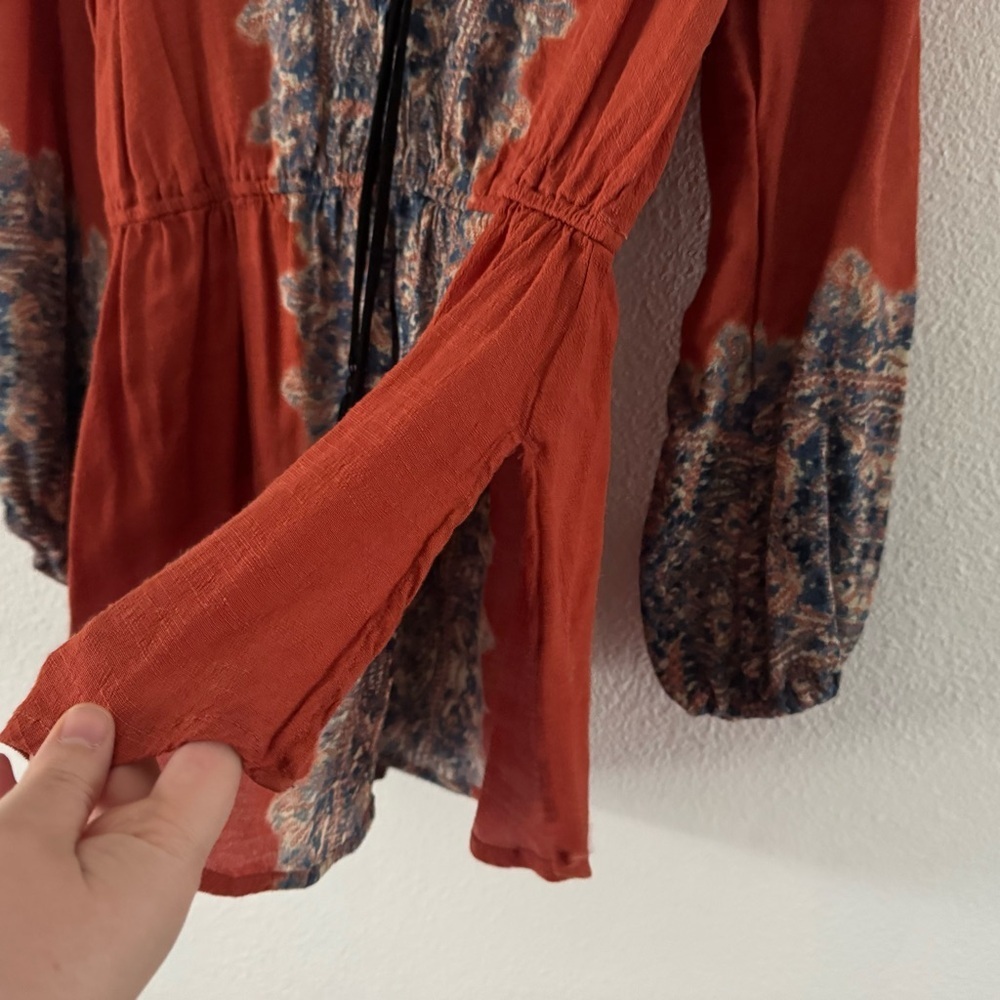 Free People Wildest Moment Rust Paisley Lace-Up Tunic Large Boho Romantic - Picture 10 of 16
